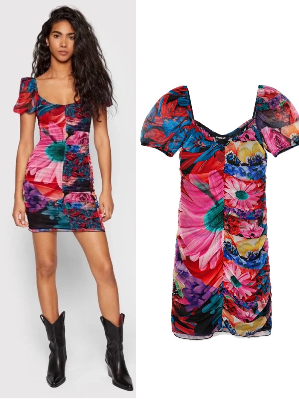 Desigual Marsella Floral Ruched Tulle Mini Dress Multicolor Puff Sleeve XL NWT